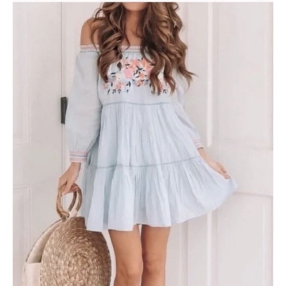 Free People Xs Blue Embroidered Sunbeams Off Shoulder Boho Dress babydoll
